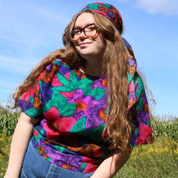 Vintage Tan Jay Floral Short-Sleeve Blouse with Matching Scarf, 1X - Picture 1 of 4